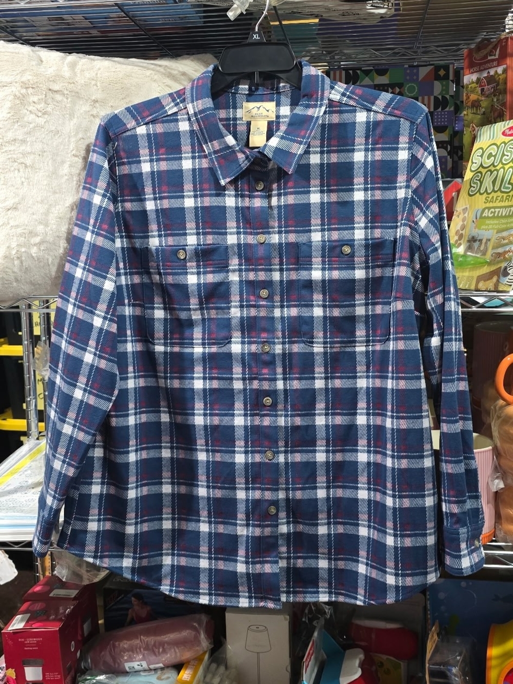 New XL Blue Mountain Blue Red And  White Plaid Button-Down Shirt